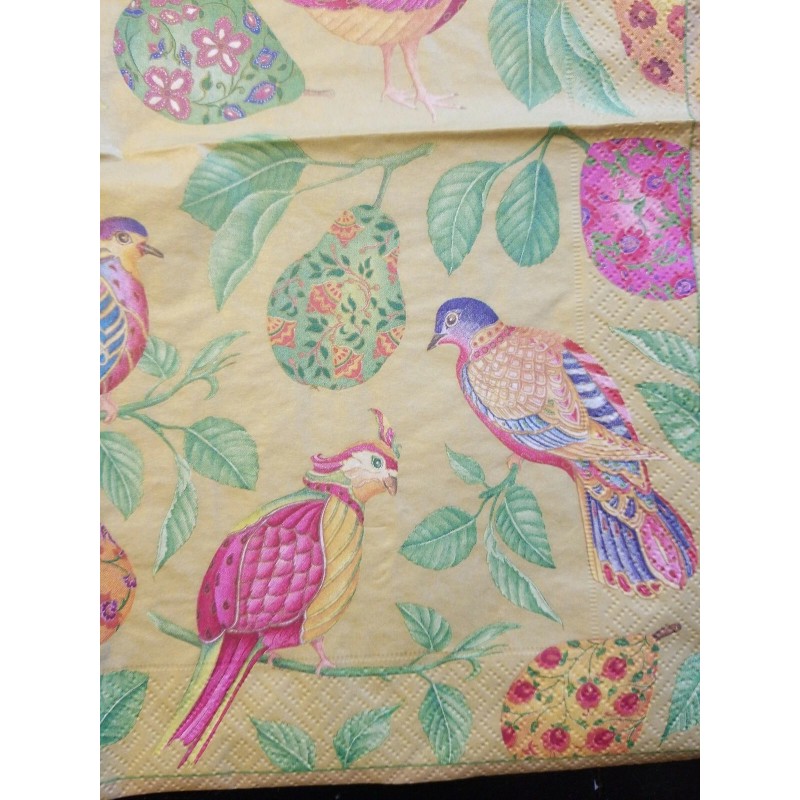 TWO Individual Napkins Birds Pears Gold Lunch for Decoupage (121
