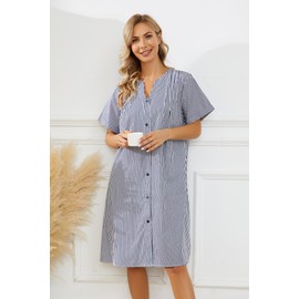 YOZLY House Dress Women Cotton Duster Robe Short Sleeve Housecoat Button Down Nightgown Navy Blue X-Large