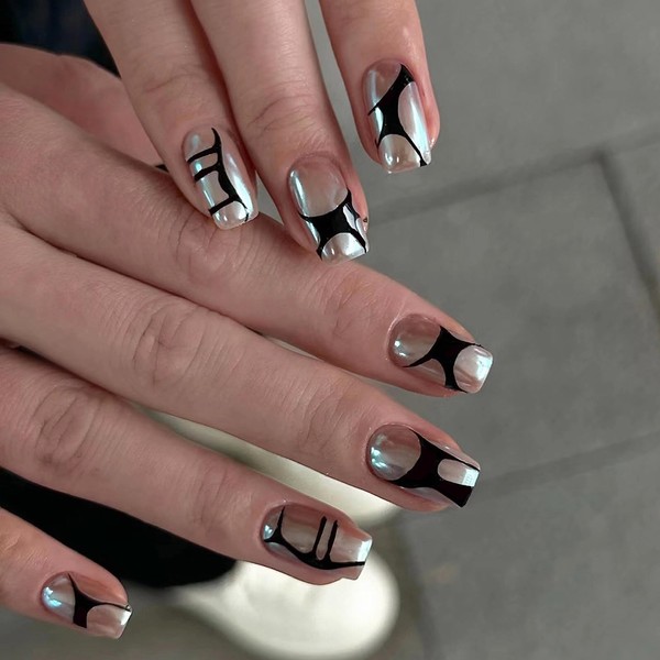 MISUD Press on Nails Short Square Fake Nails Glossy Glue