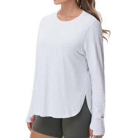 THE GYM PEOPLE Women's Long Sleeve Workout Shirts Lightweight Cotton Running Yoga Tops with Thumb Hole Heather White