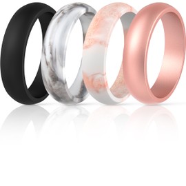 ThunderFit Silicone Wedding Bands for Women, Dome Unique Anniversary Rings 5.5mm Wide 2mm Thick - 1/2/3/4/5/6/7/8/12 Variety Multipack (Marble, Black, Marble Rose Gold, Rose Gold, 4.5-5 (15.70mm))