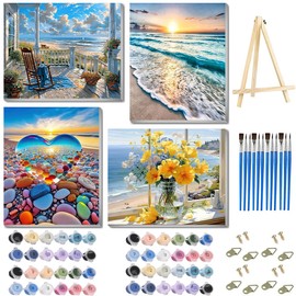 4 Pack Framed Beach Paint by Numbers Kit for Adults - Sunset Arts and Crafts for Adults Beginner Acrylic with Wooden Easel - Paint Brushes,Flowers Acrylic Paint Set for Home Wall Decor 12x16inch