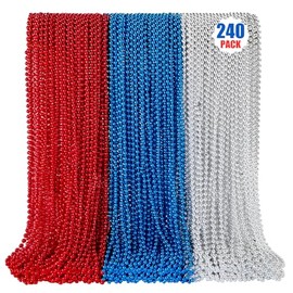 240PCS 4th of July Accessories, 33" Red Silver Blue Beads Bulk, Patriotic Beads Necklaces, 4th of July Necklace for Patriotic Day Memorial Day Independence Day Decor Parades Party Supplies