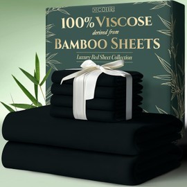 DECOLURE 100% Viscose Derived from Bamboo Sheets Full Size 6pcs - Ultra Soft & Luxuriously Cooling, 17" Deep Pocket, Double Stitching, Perfect for Hot Sleepers - Full Bed Sheets (Black)