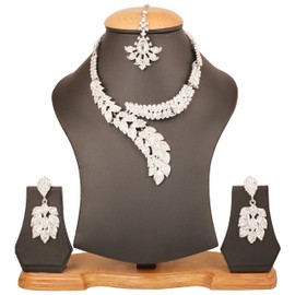 Touchstone Traditional and Modern Kundan Polki Look White and Blue Faux Turquoise Rhine Grand Bridal Designer Jewellery Necklace Set for Women, Alloy metal, Crystal