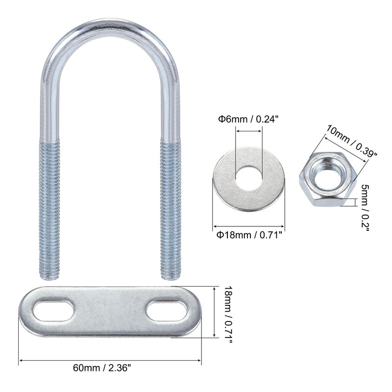 sourcing map Set of 4 Round U-Bolts Steel M6 with