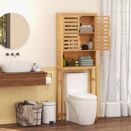 Giantex Over The Toilet Storage Cabinet, Bamboo Freestanding Organizer with Shelves, Louver Doors, Anti-Tipping Device, Bottom Crossbar, Above Toilet Rack Bathroom Space Saver, Natural