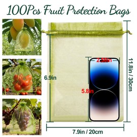 100 Large Fruit Protection Bags 7.9x11.8 Inch, Green Mesh Netting with Drawstring, Pest & Bird Barrier for Grapes, Eggplants, Zucchini and Other Garden Produce