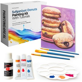 Painting4Real DIY Painting Class Kit for Adults with Video Tutorials: Learn to Paint Sufganiyot Donuts – Indoor Christmas Decorations – Hang Christmas Picture/Art as Wall Decor Once Completed
