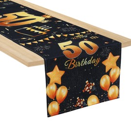 Deko 50. Geburtstag Mann,Tischläufer Geburtstag 35 cm × 180 cm,Geburtstagstischdecke,Tischläufer Schwarz Gold,Geburtstagsparty-Dekoration, Geburtstagstischdekoration,Dekostoff Banner