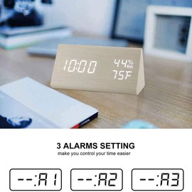 Digital Alarm Clock, Wooden Alarm Clock with Electronic LED Time Display, Humidity & Temperature Detect 3 Alarm Settings 3 Level Brightness Electric Clock for Bedroom Bedside Desk (White wood color)
