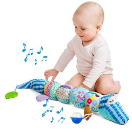 Dearlomum  Newborn Baby Girl Gift Toys ,Infant Tummy Time Toys,Musical Stuffed Animal with Multi-Sensory Crinkle, Rattle and Textures,Baby Boy Girl Gifts,Blue Crocodile