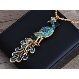 Alilang Golden Tone Blue Green Colored Rhinestone Peacock Bird Pendant Chain Necklace