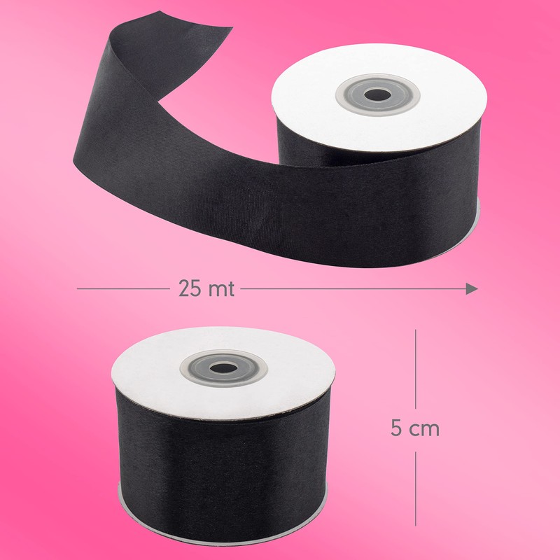 50mm Double Satin Black 25 Metres Ribbon Thickness 5cm Wedding