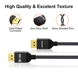 RUIPRO Displayport Cable 2.1, 16K DP Cable 6.6ft, Supports 80Gbps, UHBR20, 16K@60Hz, 8K@120Hz, 4K@240Hz 165Hz 144Hz, HDR DSC 1.2a, Compatible FreeSync/G-Sync 4090 3090Ti 7900XTX Graphics Card