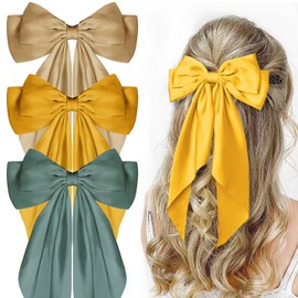 Taeku Hair Bows for Women, 3Pcs Barrette Hair Clip Long Ribbon Bows Big Satin Layered Hair Bows French Style Hair Accessories for Girls (Bl-Gd-Ye)
