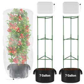 3 Sets Tomato Cages with Garden Nettings - 47'' Stable Plant Support Trellis with 7-Gallon Grow Bags Planters, Vegetable Trellis for Balcony Deck Yard Tomatoes Eggplants Peppers Flowers