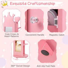 Costzon Kids Jewelry Armoire, 360° Swivel Jewelry Cabinet with Full Length Mirror & Garment Rack, Kids Vanity Dress Up Mirror with Jewelry Storage, 44” Standing Jewelry Organizer for Girls (Pink)