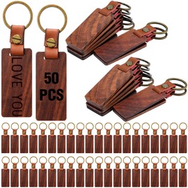 Sasylvia 50 Pcs Leather Keychain Blanks Wooden Keychain Blanks Unfinished Wood Tags with Leather Strap Keyring(Walnut)