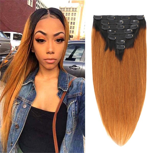 Adette 100% Human Hair Ombre Brown Straight Clip in Hair Extensions for Black Women Brazilian 18 Inches Remy Human Hair 1b/30 Straight Clip Ins for Black Women 135g/set