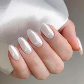 Translucent Pearl White Chrome Press on Nails Medium Long Almond, KQueenest Ice Iridescent Stiletto Fake Acrylic Nails With Holographic Mirror Effect, Cute Glue on Nails False Nails Press ons in24PCS