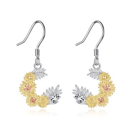 YONFQE Sunflower Earrings Sterling Silver Ladybug Dangle Dorp Flower Jewelry Gift for Women Gift, Sterling Silver, No Gemstone