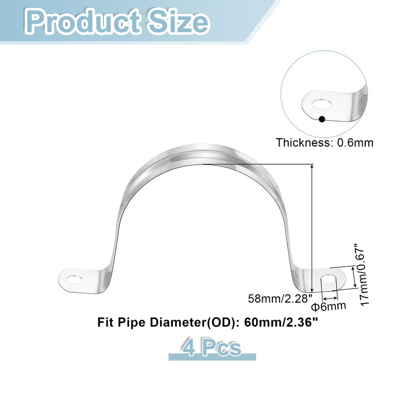 sourcing map 4Pcs Rigid Pipe Straps, 60mm(2.36") 304 Stainless Steel