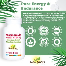 NEW ROOTS HERBAL New Roots Herbal Niacinamide 500mg, 90 Veggie Count - Vitamin B3 Supplement - Non-Flush, High Potency Niacinamide Capsules - Supports Energy Production and Metabolism - Supports Skin Health