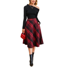 CUPSHE Skirts Woven Pockets Flared Midi Skirt Gingham High Waist Skirts Casual Modern Red XL