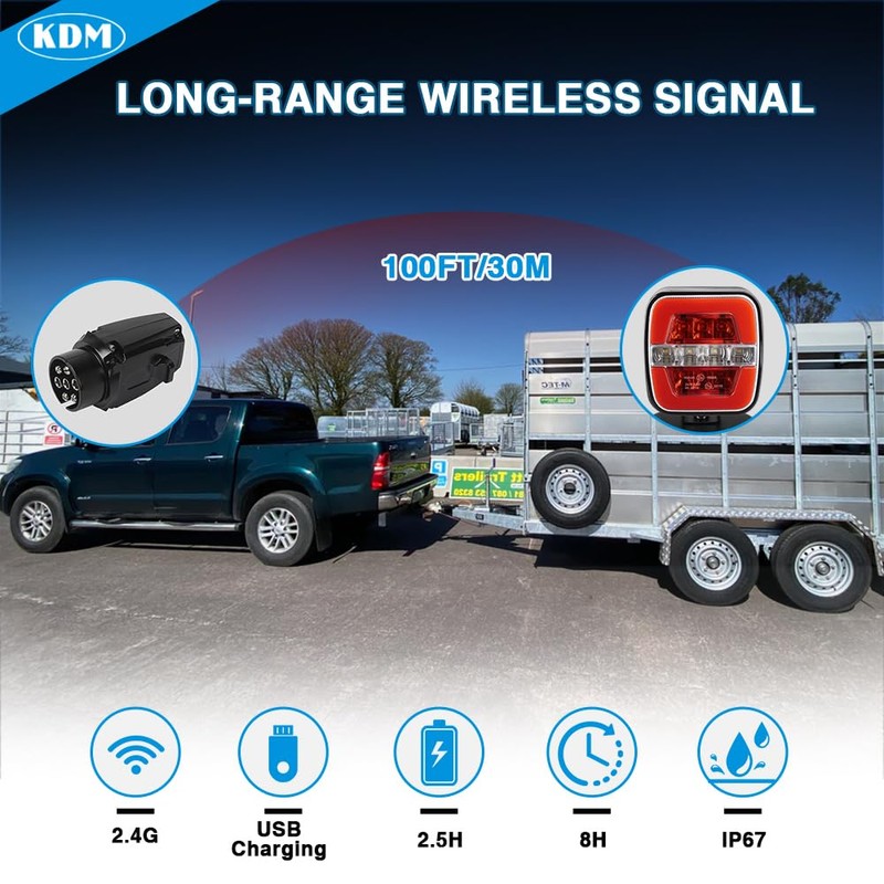 KDM Magnetic Wireless LED Trailer Light kit,Rechargeable Towing Tail Light