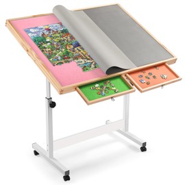 Vasitelan Adjustable Wooden Jigsaw Puzzle Table with Wheels, Puzzle Tables Fits 1500 Piece Puzzles,Wooden Puzzle Board for Adults (Pink, with 2 Drawer)