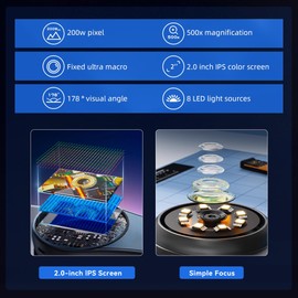 Microscope for Adults Kids, Digital Microscope Handheld with Light, Portable Macro Camera with 2.0 inch IPS Color Screen Fixed Focus 500x, Built-in 8LED Lights,USB Compatible with PC Windows, Mac OS