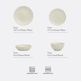 Gibson Elite Malibu Shore 16 Piece Scallop Stoneware Reactive Glaze (Service for 4) Ceramic Plates and Bowls Dinnerware Set - Cream White