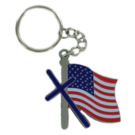 SHOP AWARDS AND GIFTS American Flag Cross USA Keychain, Religious Christian Military Independence Day Memorial Gifts, Antique Pewter, Pack of 1