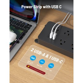 TROND TROND Power Strip Surge Protector, 5 Widely-Spaced Outlets with 3 USB Ports (1 USB C), ETL Listed, Wall Mountable, Flat Plug 5ft Extension Cord, 1300J, 14AWG Heavy Duty, for Office Kitchen, Black