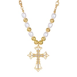 Y2k Pearl Cross Necklace First Communion Necklace Aesthetic Crystal Pearl Cross Choker Religion Faith Protection Jewelry for Women Inspirational Baptism Gifts (gold)