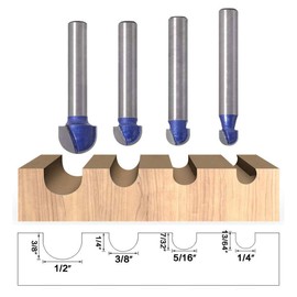 Bestgle 4pcs 1/4" Shank Industrial Grade Round Nose Core Box Router Bit Woodworking Milling Cutter Tool 1/4" 5/16" 3/8" 1/2"