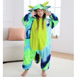 SimZoo Kids Animal Pajamas, 3-13 Years Boy and Girls Tie Dye Axolotl Blue Green Cosplay Costume Sleepwear, One-Piece Unisex Homewear