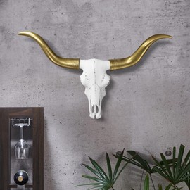 Wallcharmers Mini White + Gold Longhorns Faux Longhorn Skull - 20" Faux Taxidermy Animal Head Wall Decor - Handmade Farmhouse Decor