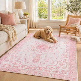 Meiliweser Area Rug - 5x7 Washable Pink Rug Honeycomb Non Slip Retro Rugs Soft Faux Wool Carpet Foldable & Machine Washable Rugs for Living Room Bedroom Dining Room Kitchen