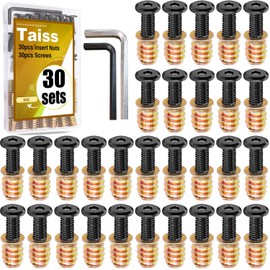 Taiss Pack of 30 M6 Screw Nuts, Flat Head Screws and Screw Nut Kit, Threaded Insert Wood M6 x 25, Screw for Wooden Furniture