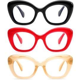 REAVEE 3 Pack Oversized Cat Eye Reading Glasses for Women Men Stylish Blue Light Blocking Lenses Black Red Yellow, 2.0