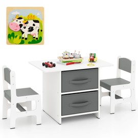 HONEY JOY Kids Table and Chairs, Children Wooden Activity Set w/2 Storage Bins & Jigsaw Puzzle, for Drawing, Reading, Toddler Table and Chair Set for Playroom, Daycare, Gift for Boys Girls (Gray)