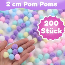 200 Stücke 2cm Makronen-Pompons,Bunte Pompons zum basteln,Pom Pom Set in 9 Farben zum Basteln，Pompoms zum Basteln für Kinder， Flauschige Bastelbälle für DIY, Partydeko, Haarschmuck & Kleidung