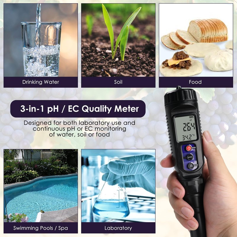 pH Meter for Food 3-in-1 Digital pH EC Temperature Meter