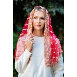 Maria Veils Catholic Mantilla Mass Infinity Veil Church Lace Veil Spanish Chapel Mass Head Covering Veil Long (Gold/Red)