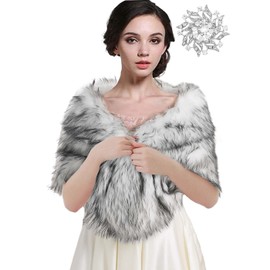 EASEDAILY Women's Fur Shawls and Wraps Wedding Fur Scarf Faux Bridal Fur Stole with Brooch for Brides and Bridesmaids (A white) (G-white+black, US 4-14 (S-M))
