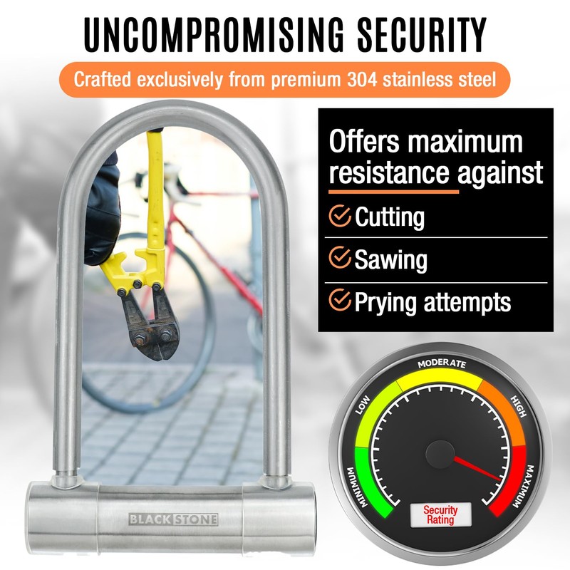 Black Stone Stainless Steel U Bike Lock-130dB Alarm System, 14mm