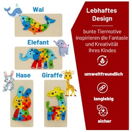 fundabär - Holzpuzzle für Kleinkinder (4er-Set) Pädagogisches Lernspielzeug mit Tiermotiven nach Montessori