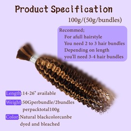 Ombre Human Hair for Boho Braids 16 Inch Boho Hair for Braiding 2 Bundles 110g Curly Human Hair for Boho Braids 12A Boho Braids for Human Hair Bulk (#4/27, 16inch)